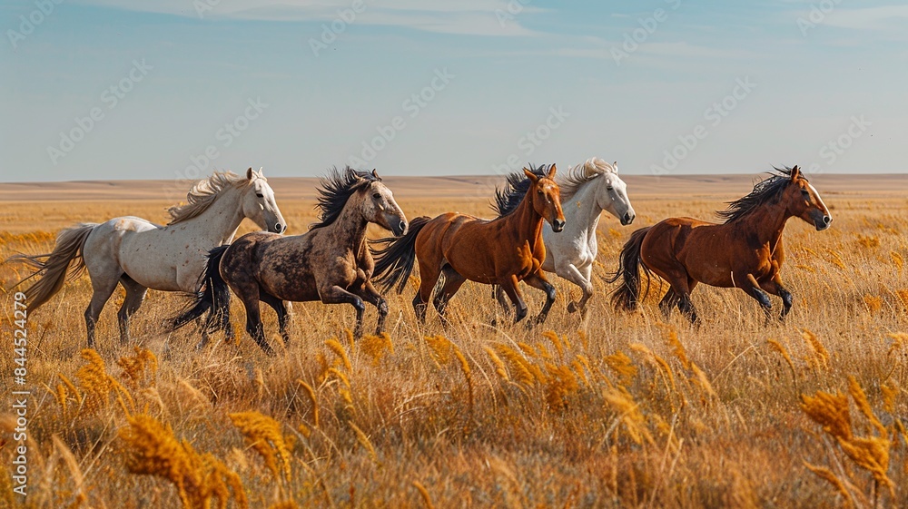 Experience the beauty of freedom as wild horses gallop freely across a vast grassland, their mane and tails flowing in the wind, embodying the untamed spirit and grace of nature. Experience the beauty of freedom as wild horses gallop freely across a vast grassland, their mane and tails flowing in the wind, embodying the untamed spirit and grace of nature.