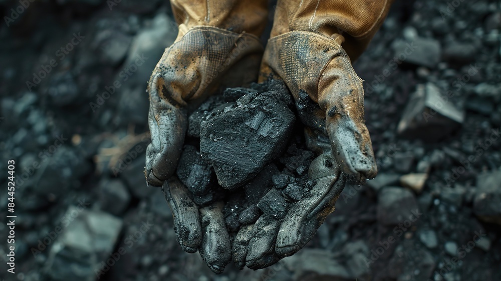 Coal miner Man wearing work gloves holding coal in hands over pile, top view. Coal mining or energy source, environment protection. Industrial coals. Volcanic rock. Coal miner Man wearing work gloves holding coal in hands over pile, top view. Coal mining or energy source, environment protection. Industrial coals. Volcanic rock.