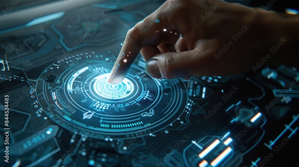 Digitization concept: A human finger presses a touch screen button and activates a futuristic artificial intelligence interface. Digitization concept: A human finger presses a touch screen button and activates a futuristic artificial intelligence interface.