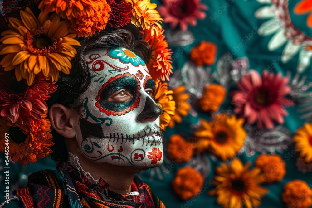 a man with a mexican skull makeup and flowers a man with a mexican skull makeup and flowers
