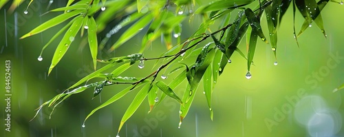 Close-up of fresh, green bamboo leaves with water droplets during a light rain in a serene natural setting, capturing the essence of tranquility.