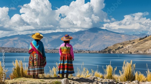 Fototapeta Naklejka Na Ścianę i Meble -  two women in traditional clothing in front of lake 
