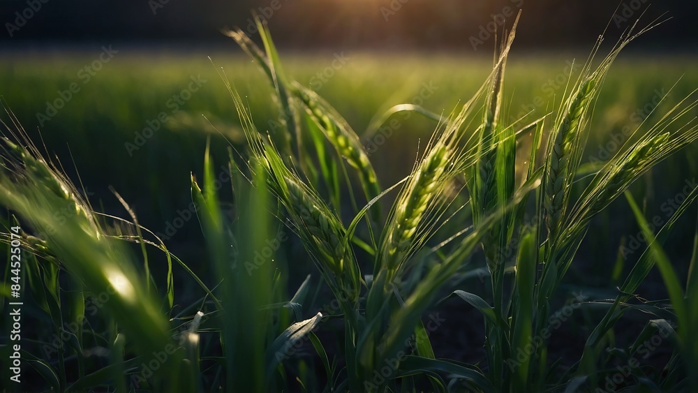 Fototapeta premium Summer concept young green wheat sprouted on the field young plants sway in the wind.