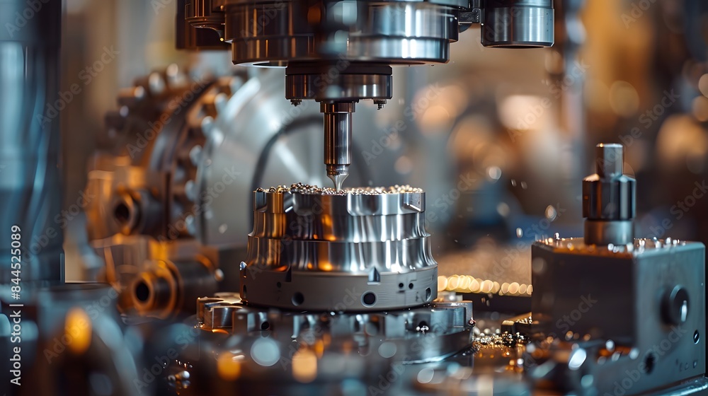 A a high-tech CNC milling machine in operation within a state-of-the-art manufacturing facility, focusing on an advanced milling bit carving intricate patterns into a titanium block. A a high-tech CNC milling machine in operation within a state-of-the-art manufacturing facility, focusing on an advanced milling bit carving intricate patterns into a titanium block.
