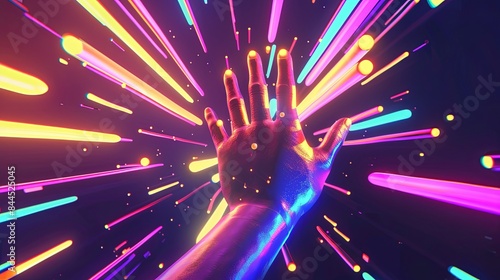 A futuristic, neon-infused digital artwork featuring a hand intertwined with vibrant, glowing streams of light in blue, pink, and orange hues against a dark background