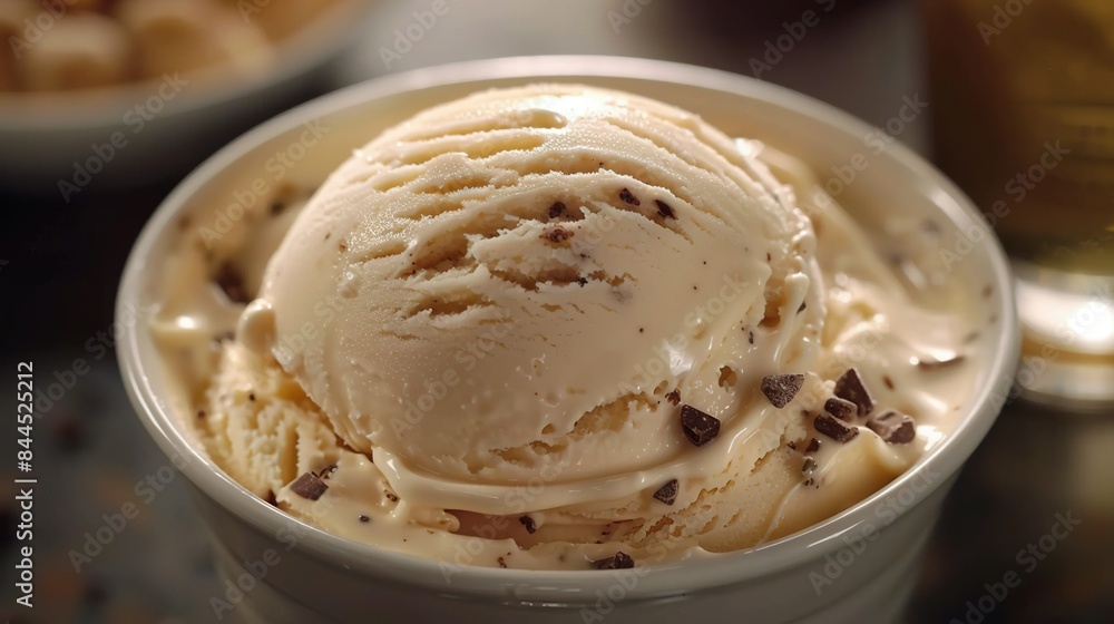 A scoop of ice cream with chocolate chips in a white bowl sits on a nearby table next to a bottle of booze A scoop of ice cream with chocolate chips in a white bowl sits on a nearby table next to a bottle of booze