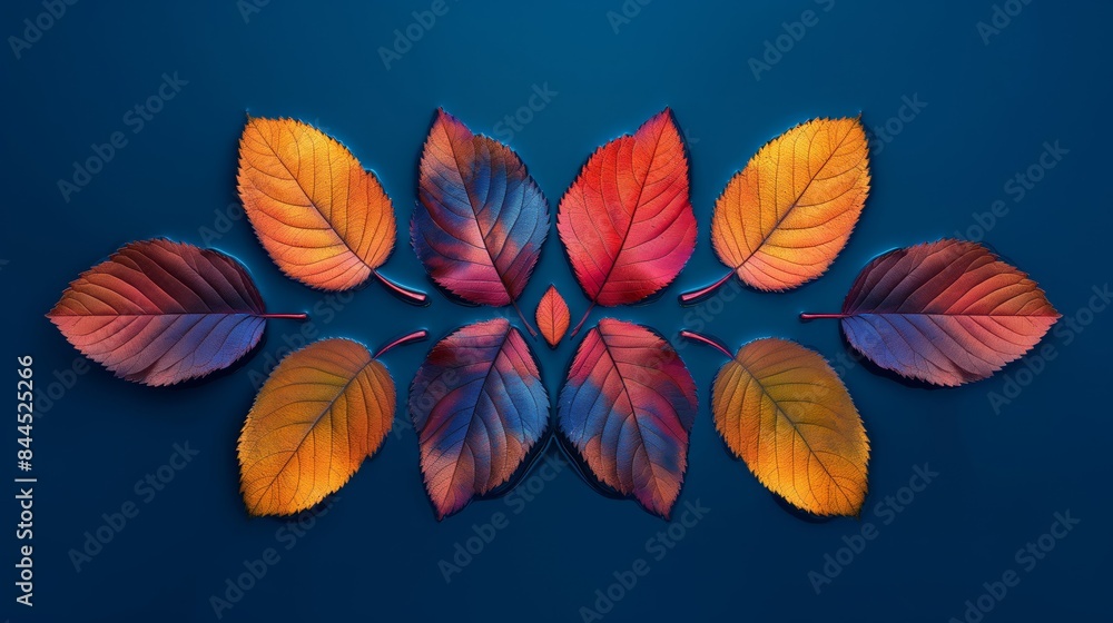 A blue background with a row of colorful leaves A blue background with a row of colorful leaves
