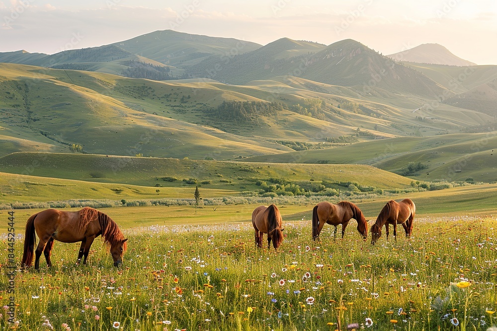 Obraz premium Experience the beauty of freedom as wild horses gallop freely across a vast grassland, their mane and tails flowing in the wind, embodying the untamed spirit and grace of nature.