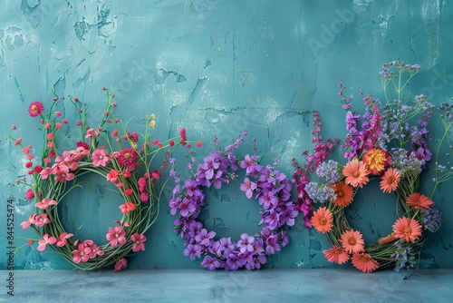 Three colorful floral wreaths on a turquoise textured background, perfect for spring and summer decor or event decoration. photo