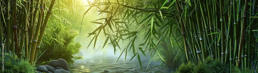 Obraz premium Serene bamboo forest with gentle sunlight filtering through, creating a tranquil and refreshing natural landscape by a calm stream.