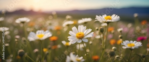 White empty blank for text with meadow flowers on colorful background. photo