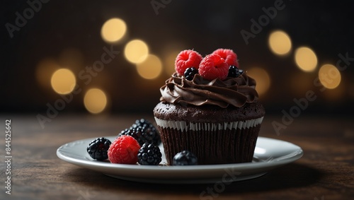 White plate + Chocolate cupcake + Frosting + Raspberries + Blackberries. photo