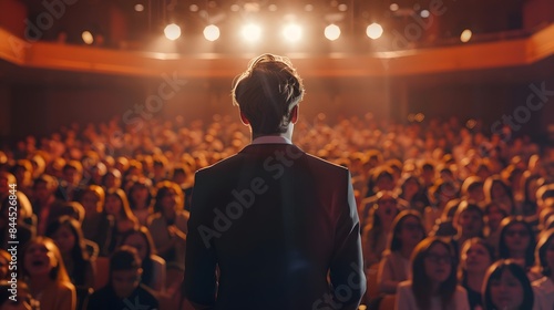 A man in suit standing on stage, looking at the audience with confidence and inspiration while giving an drive them to success speech.