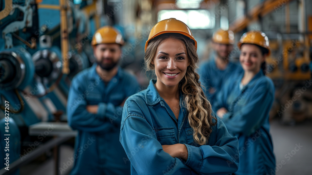 A team of engineers in hardhats and workwear working confidently in an industrial setting A team of engineers in hardhats and workwear working confidently in an industrial setting