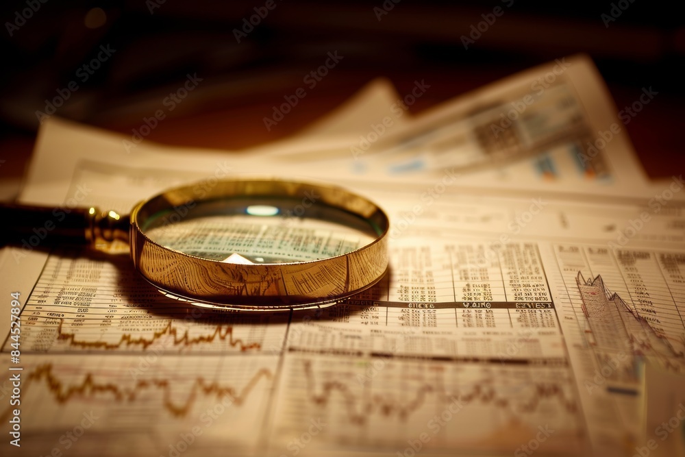 A Magnifying Glass Resting On A Financial Newspaper With Graphs and Data A Magnifying Glass Resting On A Financial Newspaper With Graphs and Data