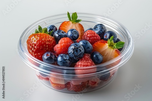 Fresh mixed berry bowl with strawberries, blueberries, and raspberries, presented in a clear bowl for a vibrant and healthy snack option