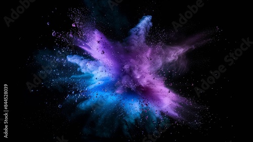 Splatter of colored particles in an explosive blast. Burst of cosmic dust and smoke with dynamic movement and stormy effects. Ideal for fantasy and apocalyptic themes, celebrating creative.