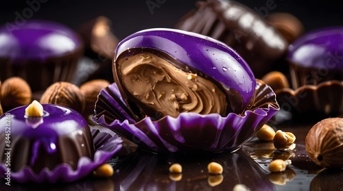 Some purple hazelnut chocolates with chelate liquid poured over them, professional photography, cinematic lighting photo