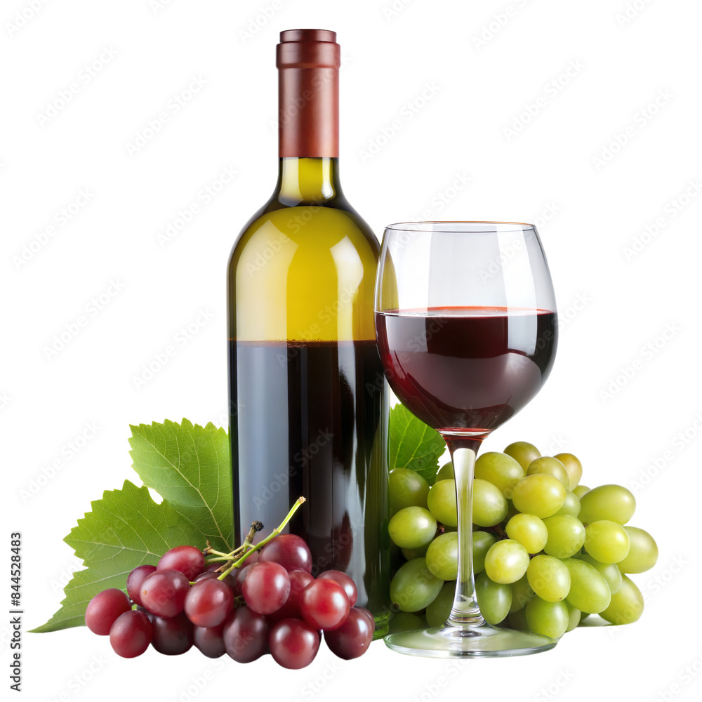 Wine bottle with glass and grapes on transparent background Wine bottle with glass and grapes on transparent background