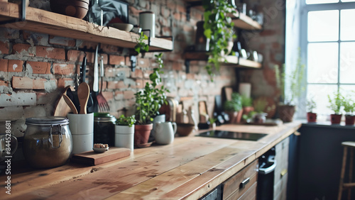 Rustic Charm  Countertop of a Modern Rustic Kitchen with Decor Items