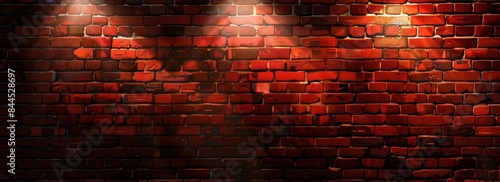 A close-up shot of a red brick wall with three spotlights illuminating it at night