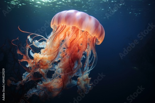 Vibrant orange jellyfish floats serenely, its tendrils trailing in the tranquil underwater world