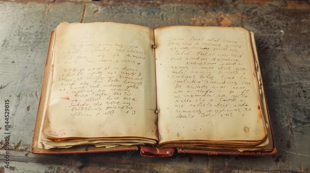 Obraz premium A weathered notebook, with fading ink and handwritten lesson notes, reflects the passage of time.