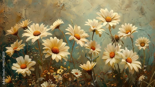   A painting of daisies in front of a bug on a wall