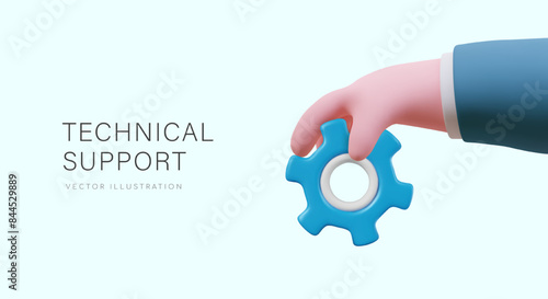 Technical support concept. Realistic hand holding gear. Online help, departure of master