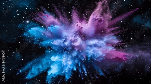 Dynamic explosion of dust and spray with glowing paint. Purple splatters and bursts in a cosmic and magical mix. Perfect for creative projects, emphasizing speed, energy, and vibrant color effects. © Rostislav