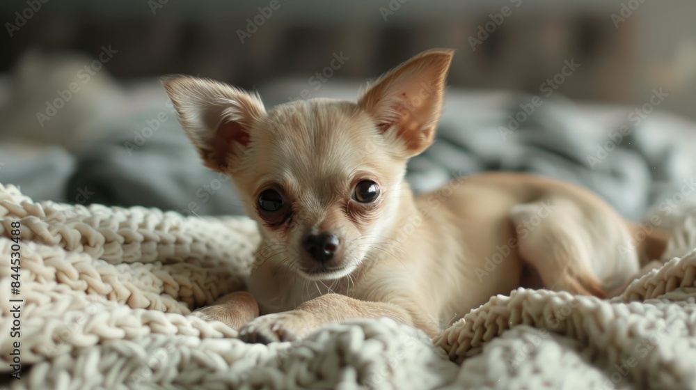 Small Chihuahua Puppy with Tan Fur on a Bed
