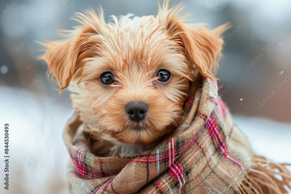 Dog in scarf, domestic friend resting, soft and adorable Dog in scarf, domestic friend resting, soft and adorable