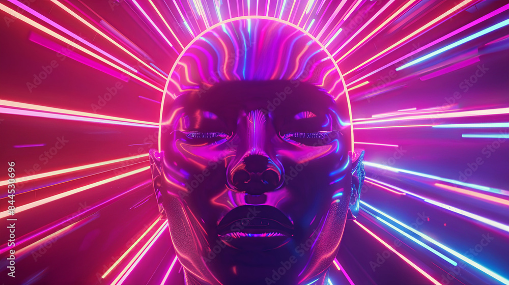 neon face design for disco party. A futuristic, neon-lit face with vibrant, glowing lines in shades of blue, pink, green, and yellow radiating from it, creating a dynamic and energetic visual impact neon face design for disco party. A futuristic, neon-lit face with vibrant, glowing lines in shades of blue, pink, green, and yellow radiating from it, creating a dynamic and energetic visual impact