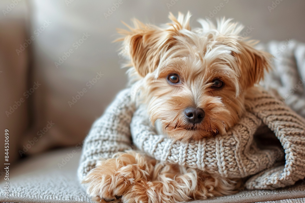 Dog in scarf, happy doggy resting, relaxed and warm Dog in scarf, happy doggy resting, relaxed and warm