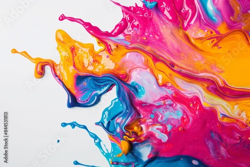 This image features an explosion of vivid paint splashes on a white canvas. The abstract art captures the energy and spontaneity of creativity, with bright and bold colors creating a striking visual. photo