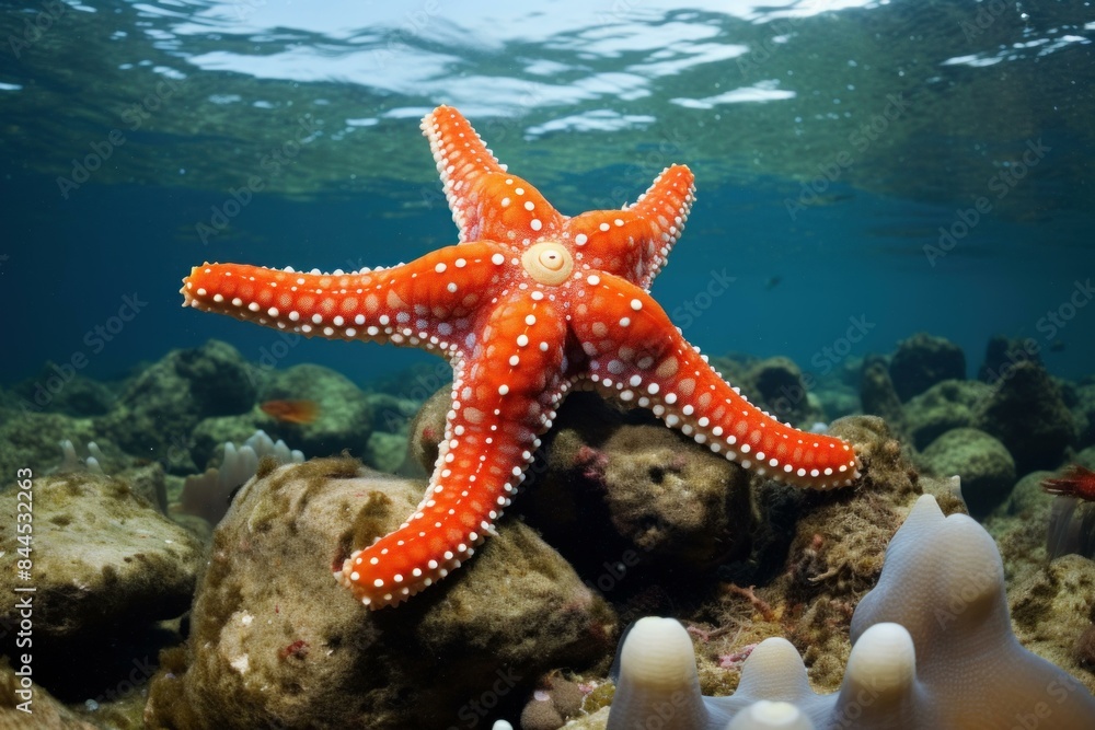 Bright red starfish with white spots clings to a coral rock under clear blue water Bright red starfish with white spots clings to a coral rock under clear blue water