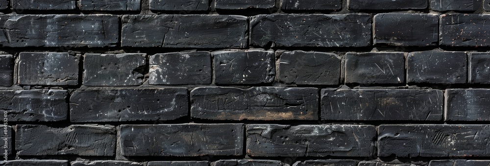 Fototapeta premium A close-up view of a dark, weathered brick wall with mortar