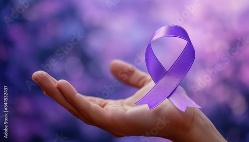 Purple October Breast Cancer Awareness month, woman hand hold purple Ribbon and wear shirt for support people life and illness. National cancer survivors month, Mother and World cancer day concept