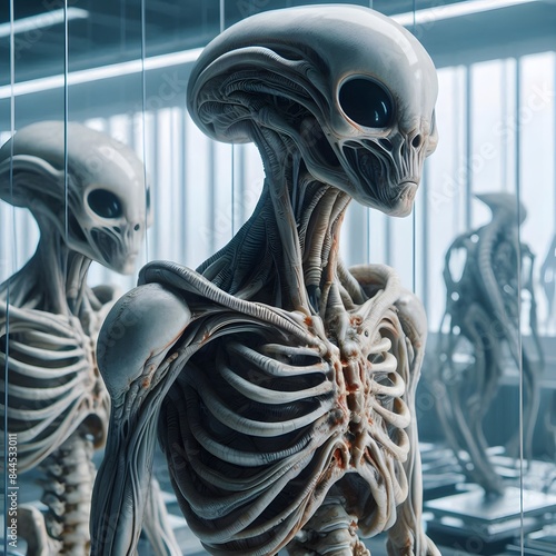 3d render of an Alian skeleton bones, in a museum, study room photo