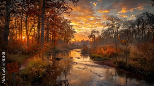 An enchanting autumn forest with a meandering river at sunset, a golden sky, trees adorned with orange and red leaves, a tranquil atmosphere, a breathtaking scenery.