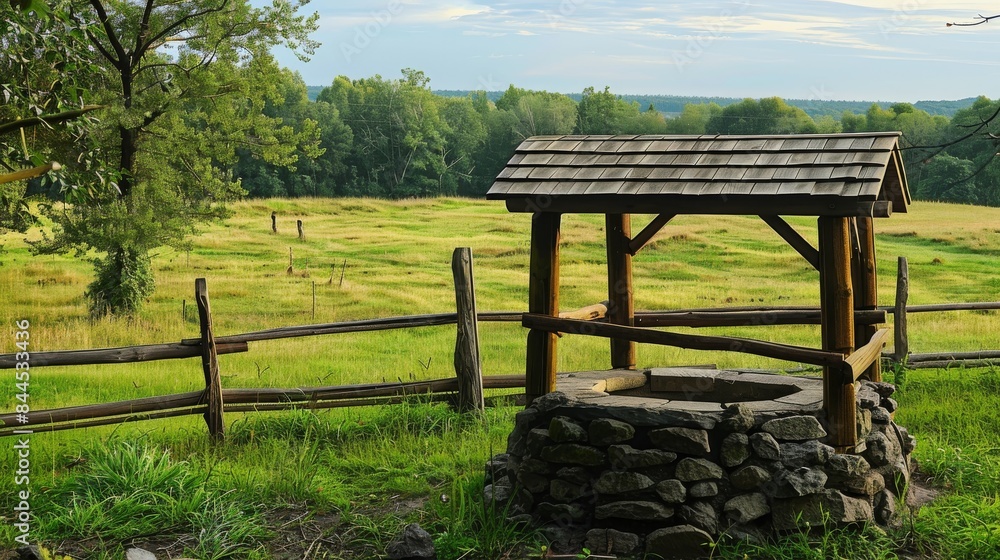 Stone Well With Wooden Cover in Rural Meadow Stone Well With Wooden Cover in Rural Meadow