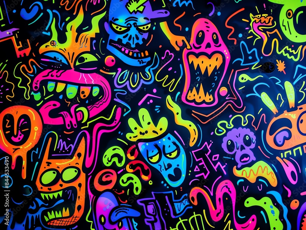 Fun doodles, bright neon colors, black background, playful graffiti style Fun doodles, bright neon colors, black background, playful graffiti style