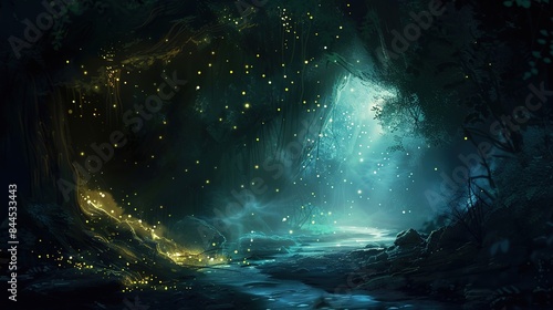 A dark and mystical cave lit by the slow and rhythmic movement of glowing fireflies providing an ethereal and mysterious aura