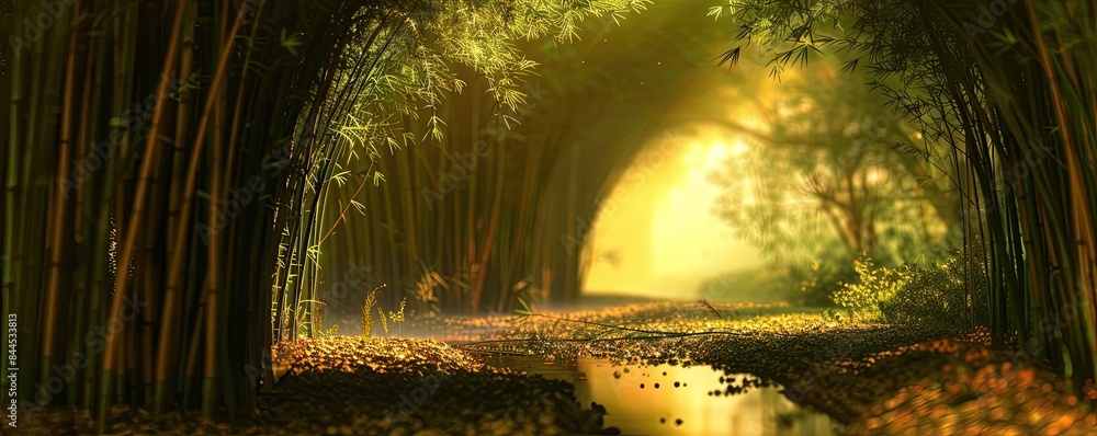 Fototapeta premium Enchanting forest path illuminated by golden sunlight, surrounded by tall trees, creating a serene and mystical atmosphere.