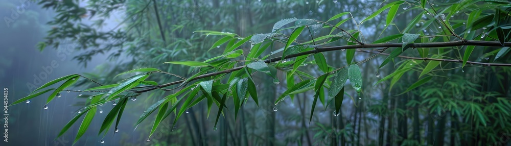 Fototapeta premium Serene bamboo forest with green leaves and raindrops on branches. Misty background enhances the peaceful and calming natural scene.