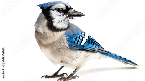 Striking blue jay with a curious look on white background.