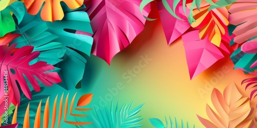 Colorful Paper Tropical Leaves on a Gradient Background