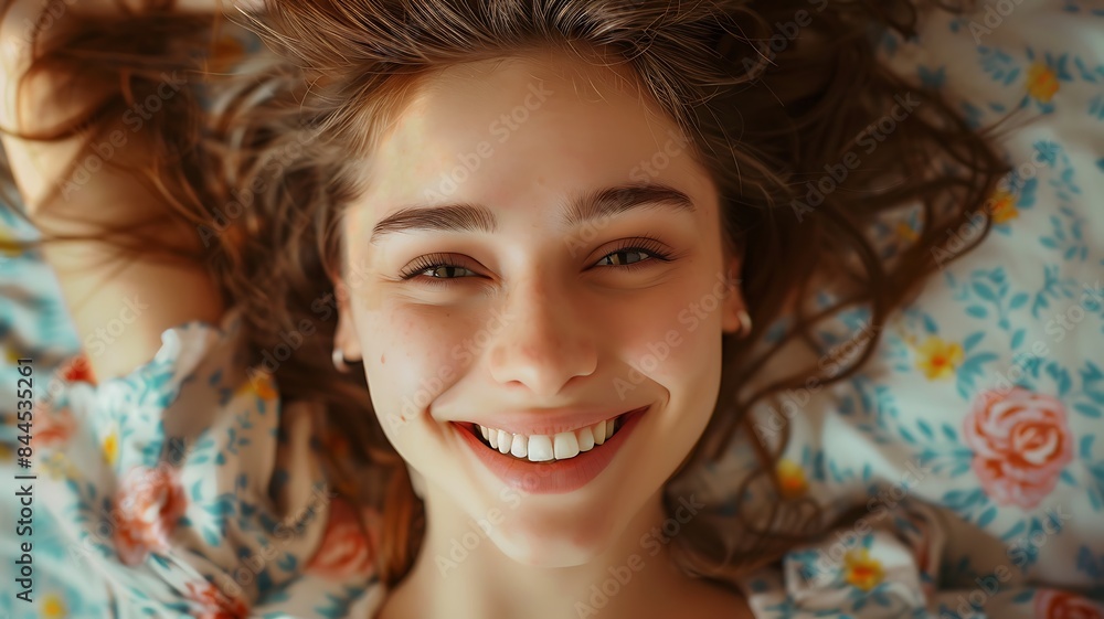 close up view a beautiful girl is happily lying on the bed close up view a beautiful girl is happily lying on the bed