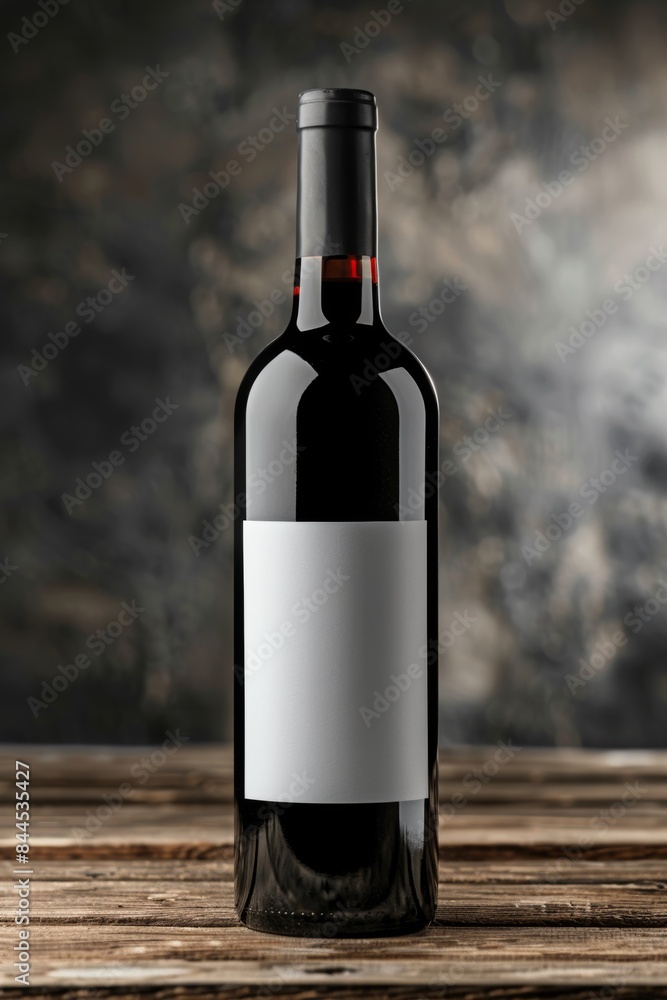 Fototapeta premium A Single Bottle of Red Wine With a Blank Label on a Wooden Surface