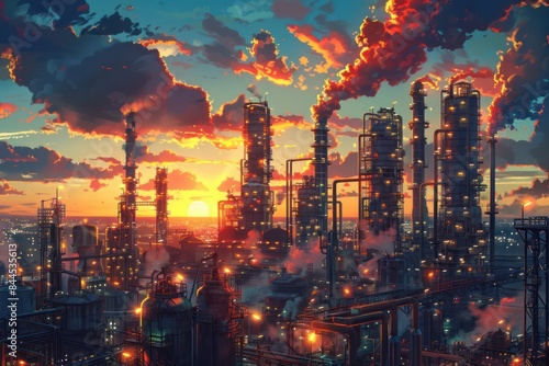 Wallpaper Mural Industrial landscape at sunset with a vibrant sky, featuring factory stacks emitting smoke and glowing lights in a bustling refinery. Torontodigital.ca